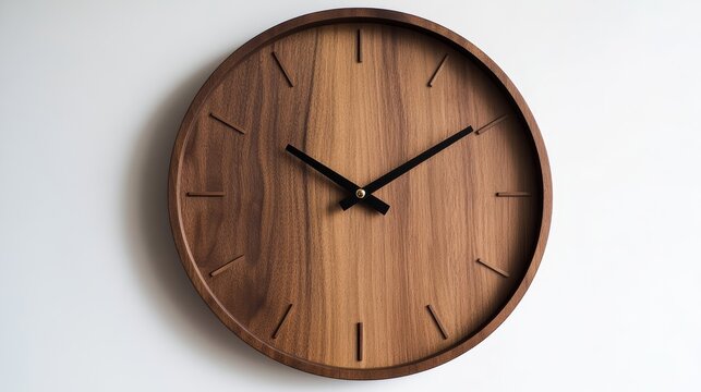 Round wooden wall clock with minimal design on white background