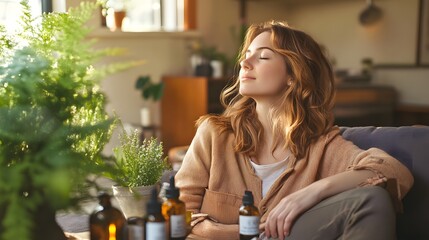 A woman using aromatherapy for stress relief and relaxation at home