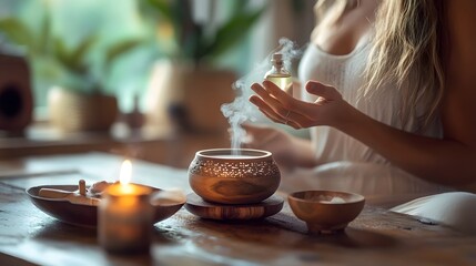 A woman using aromatherapy for stress relief and relaxation at home
