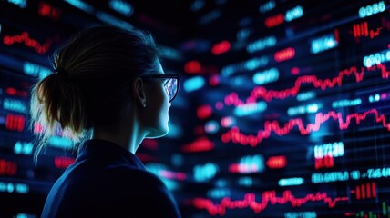 A businesswoman in a digital landscape with floating currency symbols, representing the rise of future digital markets future digital markets, business economy