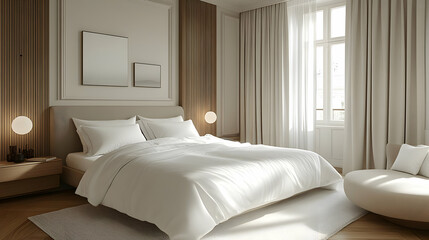 Minimalist bedroom with a white bed, beige headboard, wooden wall panels, and a large window.