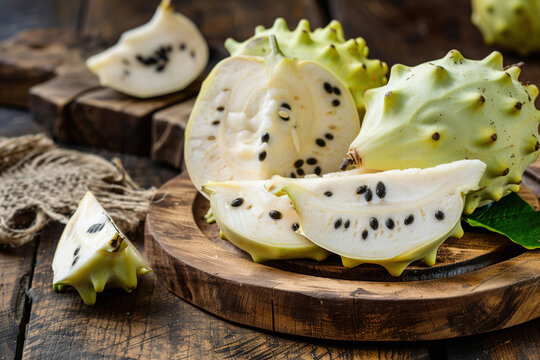 Sliced cherimoya on wooden board, creamy white flesh with black seeds, rustic setup