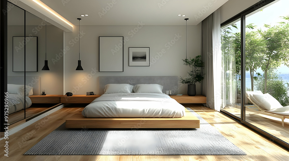 Wall mural Minimalist bedroom with a wooden bed, gray rug, and large windows overlooking a lush green landscape.