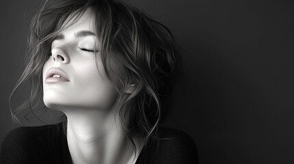 closeup photo of a woman's face with fee and relax expressions in black and white with copy space 