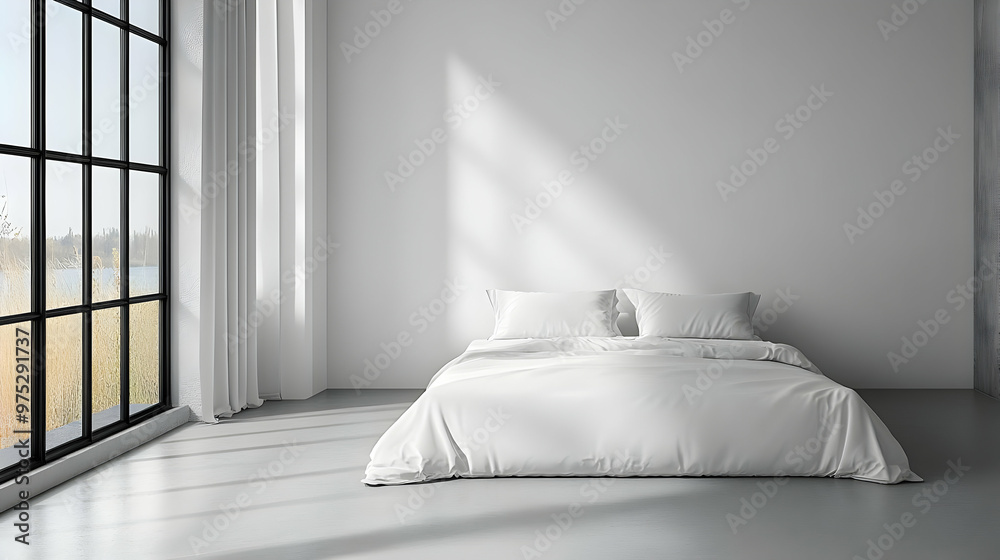 Canvas Prints Minimalist bedroom with large window and white bed.