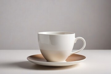 a white cup and saucer on a white table                            