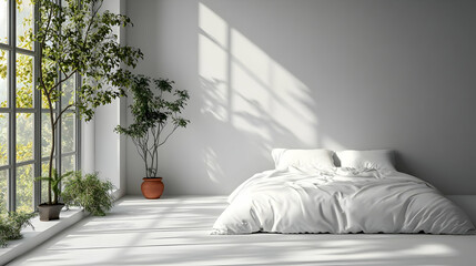 Minimalist bedroom with white bed, large window, and plants in pots.