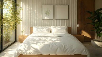 Minimalist bedroom with white bedding, wooden furniture, and natural light streaming in from a window.