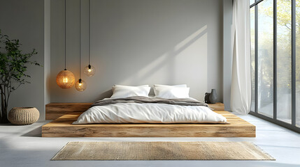 Minimalist bedroom with wooden platform bed, white bedding, and large windows overlooking a green garden.