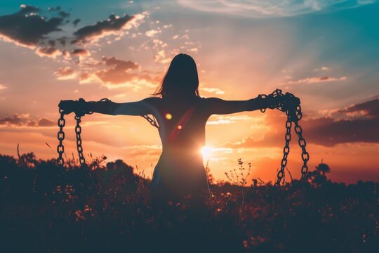 A silhouette of a woman breaking free from chains against a colorful sunset, representing strength and the triumph over obstacles