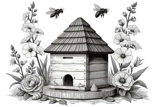 black and white beehive with bees and flowers clip art preview