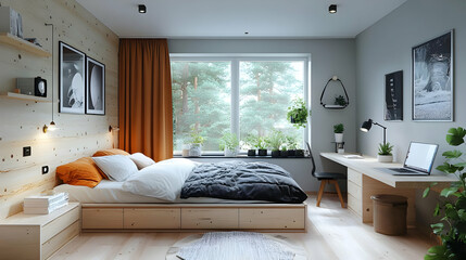 Modern bedroom interior design with a large window overlooking a forest, featuring a wooden wall, a comfortable bed, a desk with a laptop, and plants.
