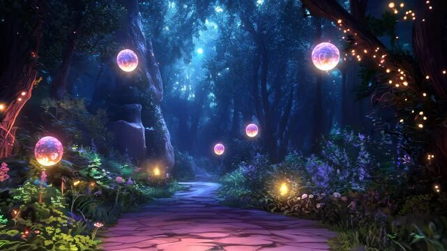 Magical forest path with glowing lanterns and ethereal atmosphere.