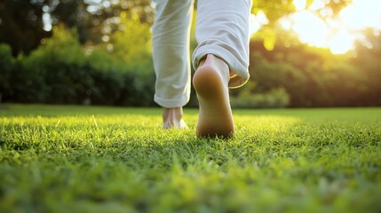 A man practicing deep breathing exercises while walking barefoot on the grass
