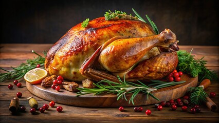 Fototapeta premium A delectable roasted turkey assumes an appetizing guise, its well-roasted skin glistening with a satisfying crunch,