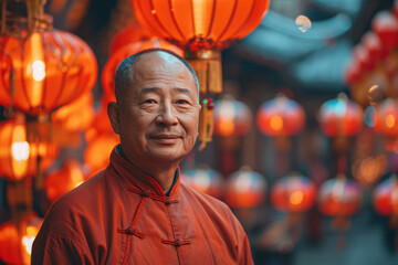 Naklejka premium An elderly man wearing traditional Chinese clothing stands under a lantern