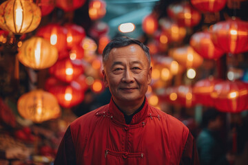 Fototapeta premium An elderly man wearing traditional Chinese clothing stands under a lantern