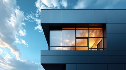 Modern building facade with large windows against a blue sky.