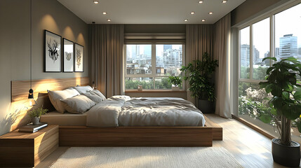 Modern bedroom interior with a king-size bed, wooden floor, and large windows with a city view. There are plants on the floor and a nightstand with a lamp beside the bed.