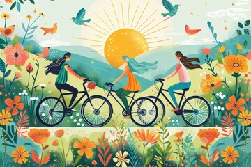 Fototapeta premium Three women are riding bicycles in a field of flowers