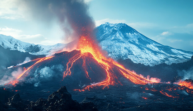 Photo of an erupting volcano in Etna, lava flowing down the side of the mountain