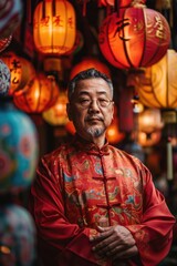 An elderly man wearing traditional Chinese clothing stands under a lantern