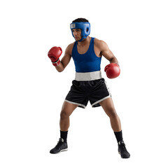 Boxer in Stance with Protective Gear and Gloves Ready for Fight on transparent background
