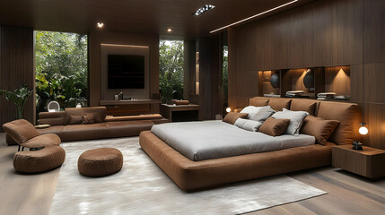 Modern bedroom interior with a large bed, couch, and a flat screen TV.
