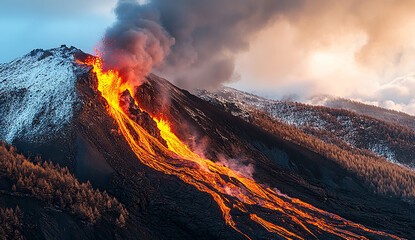 Fototapeta premium Photo of an erupting volcano in Etna, lava flowing down the side of the mountain