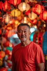 An elderly man wearing traditional Chinese clothing stands under a lantern