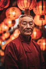 An elderly man wearing traditional Chinese clothing stands under a lantern