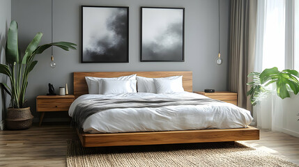 Modern bedroom interior with a wooden bed, white bedding, two bedside tables, two black and white art prints, and a potted plant.