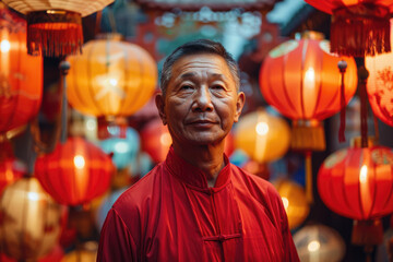 Obraz premium An elderly man wearing traditional Chinese clothing stands under a lantern