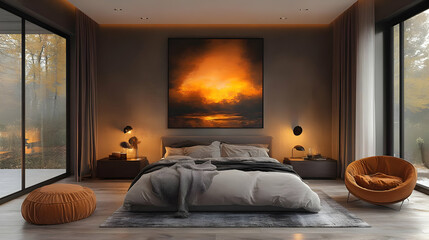 Modern bedroom interior with large window, gray bed, and orange accents, featuring a large landscape painting.