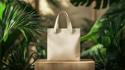 Beige tote bag on wooden platform surrounded by green leaves.