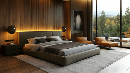 Modern bedroom interior with large bed, wooden wall, and a window overlooking a forest.