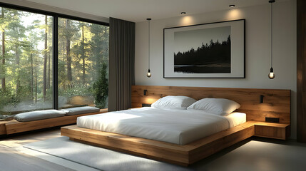 Modern bedroom interior with large windows overlooking a forest, a platform bed, a bedside table, and a black and white picture on the wall.