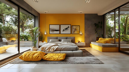 Modern bedroom interior with large windows, a gray bed with yellow pillows, a gray rug, a yellow accent wall, and a gray couch with yellow pillows.