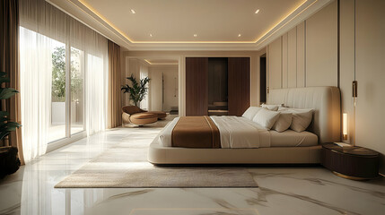 Modern bedroom interior with large windows, a king-size bed, a lounge chair, a rug, and a side table.
