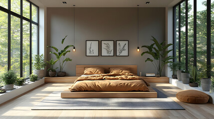 Modern bedroom interior with large windows, a wooden bed, and plants.