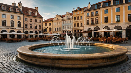 Obraz premium Charming old town square with cafes fountains and historic buildings