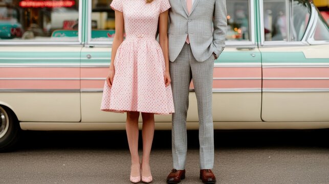 couple dressed in 1960s retro wedding