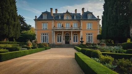 Elegant manor house with a grand entrance and well maintained gardens