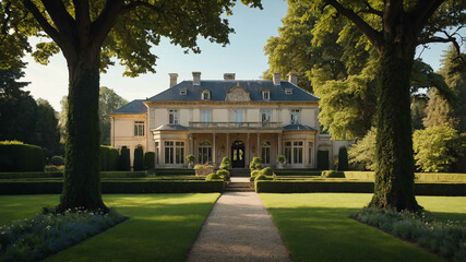 Obraz premium Elegant manor house with a grand entrance and well maintained gardens