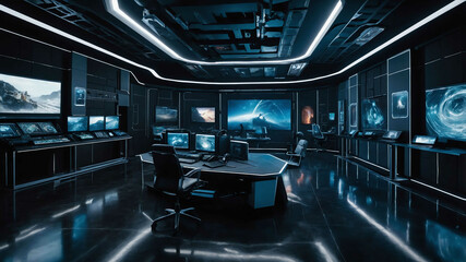Fototapeta premium Futuristic digital media studio with immersive visual effects and interactive screens