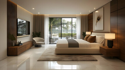 Modern bedroom with a king size bed, a large window overlooking a patio, and a wooden wall behind the bed.