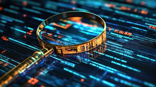 Closeup of a magnifying glass over glowing blue code with the lines of code reflected in the glass.