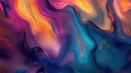 Abstract swirling pattern in vibrant colors of purple, orange, and blue with gold accents.
