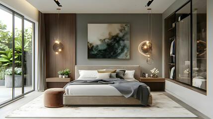 Modern bedroom with a king-size bed, a large window, and a wooden wall.
