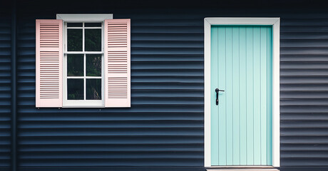 Navy house exterior pastel blue blank empty front door pink window shutters modern minimal design residential facade vibrant colours architecture copy space background contrast painted home